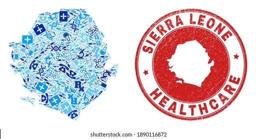 Vector collage Sierra Leone map of syringe icons, analysis symbols, and grunge health care seal stamp. Red round watermark with grunge rubber texture and Sierra Leone map text and map.