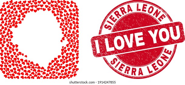 Vector collage Sierra Leone map of lovely heart elements and grunge love seal. Collage geographic Sierra Leone map created as stencil from rounded square with love hearts.