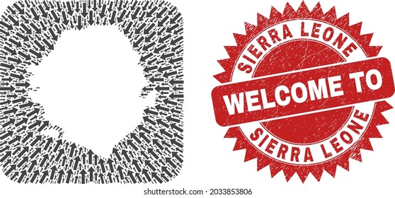 Vector collage Sierra Leone map of motion arrows and rubber Welcome stamp. Collage geographic Sierra Leone map constructed as subtraction from rounded square using motion arrows.