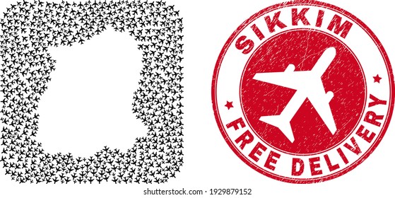 Vector collage Sikkim State map of air force items and grunge Free Delivery stamp. Collage geographic Sikkim State map created as hole from rounded square shape using moving out air force symbols.