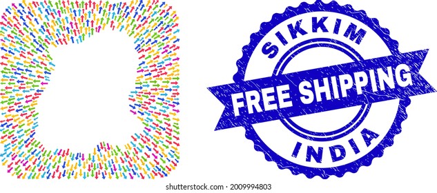 Vector collage Sikkim State map of evacuation arrows and grunge Free Shipping seal. Collage Sikkim State map created as carved shape from rounded square shape with away arrows.