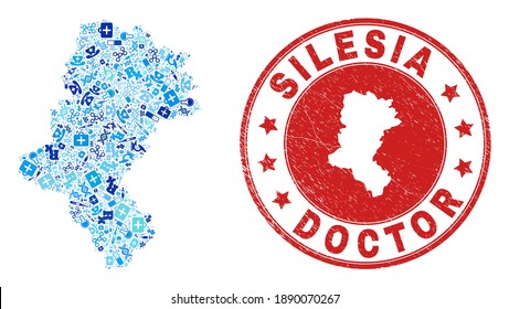 Vektorgrafik-Karte der schlesischen Woiwodschaft mit Symbolen für Gesundheitsversorgung, Analysesymbolen und einem Wasserzeichen für das Gesundheitswesen.
