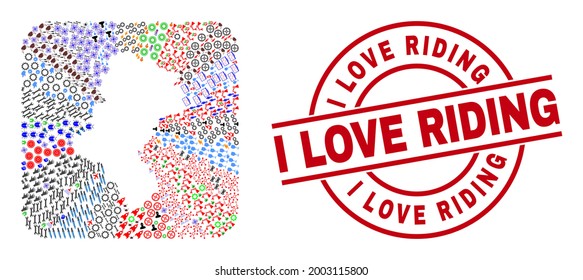 Collage vectorial de Voivodeship Silesio de diferentes pictogramas y I Love Riding badge. Mapa de Voivodeship silesiano de colección creado como forma tallada a partir de cuadrado redondeado.