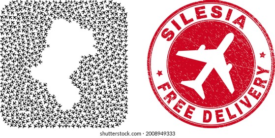 Vector collage Silesian Voivodeship map of aviation items and grunge Free Delivery seal stamp.