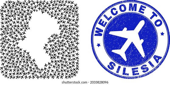 Vector collage Silesian Voivodeship map of air shipping elements and grunge Welcome seal.
