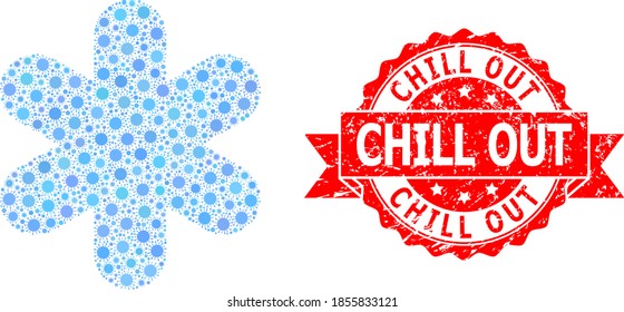 Vector collage simple snowflake of covid-2019 virus, and Chill Out scratched ribbon seal. Virus items inside simple snowflake collage. Red seal contains Chill Out tag inside ribbon.