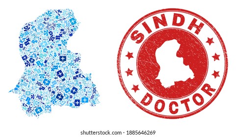 Composición de vectores en el mapa de la provincia de Sindh con iconos de dosis, símbolos de análisis e imitación de caucho de cuidado de la salud. Sello rojo redondo con textura de caucho corroída y mapa de la provincia de Sindh.