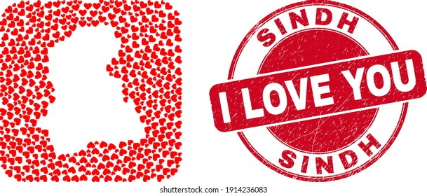Vector collage Sindh Province map of valentine heart elements and grunge love stamp. Collage geographic Sindh Province map constructed as stencil from rounded square with valentine hearts.