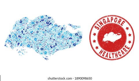 Vector collage Singapore map of vaccine icons, labs symbols, and grunge health care rubber imitation. Red round imprint with grunge rubber texture and Singapore map caption and map.
