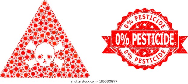 Vector collage skull toxic warning of virus, and 0% Pesticide grunge ribbon seal. Virus particles inside skull toxic warning collage. Red stamp seal includes 0% Pesticide text inside ribbon.
