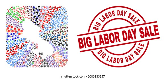 Vector collage Skyros Island map of different symbols and Big Labor Day Sale badge. Collage Skyros Island map constructed as stencil from rounded square shape.