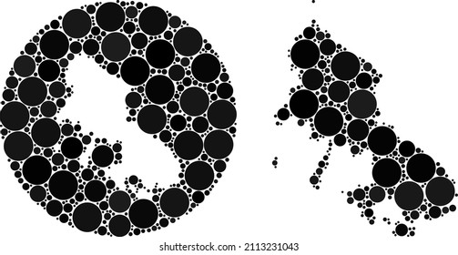 Vector collage Skyros Island map of circle items. Mosaic geographic Skyros Island map designed as carved shape from round shape with round dots in black color hues.