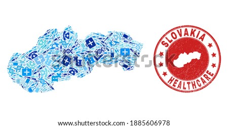 Vector collage Slovakia map with treatment icons, receipt symbols, and grunge health care rubber imitation. Red round watermark with scratched rubber texture and Slovakia map word and map.