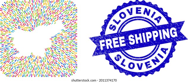 Vector collage Slovenia map of arrows and rubber Free Shipping badge. Mosaic Slovenia map created as subtraction from rounded square with pointer arrows.