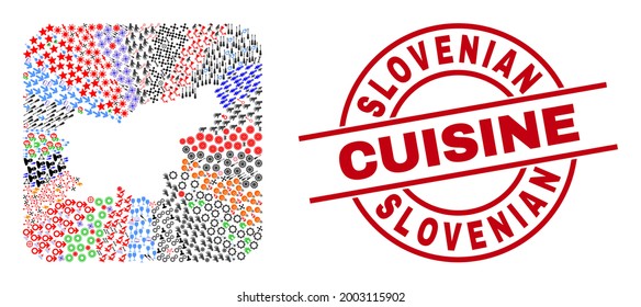 Vector collage Slovenia map of different symbols and Slovenian Cuisine badge. Collage Slovenia map created as hole from rounded square shape. Red round stamp with Slovenian Cuisine caption.