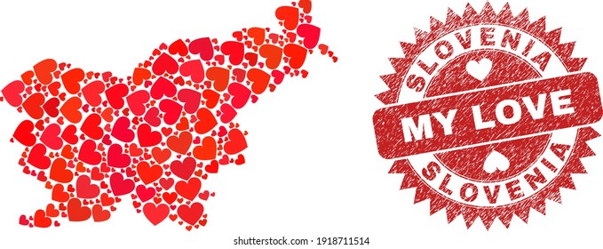 Vektorgrafik Slowenien Karte von Liebesherzen und Grunge Mein Liebeszeichen. Collage geographische slowenische Karte erstellt mit Liebe Herzen.