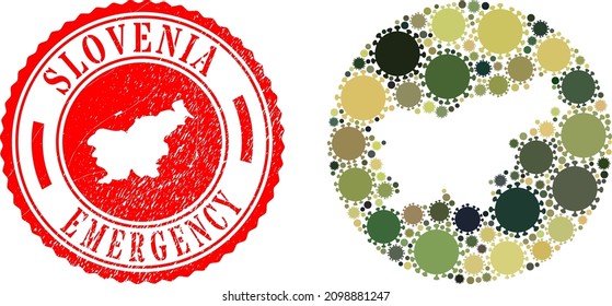 Vector collage Slovenia map of virus elements and grunge EMERGENCY stamp. Mosaic geographic Slovenia map created as subtraction from round shape with sars virus elements in camouflage army colors.
