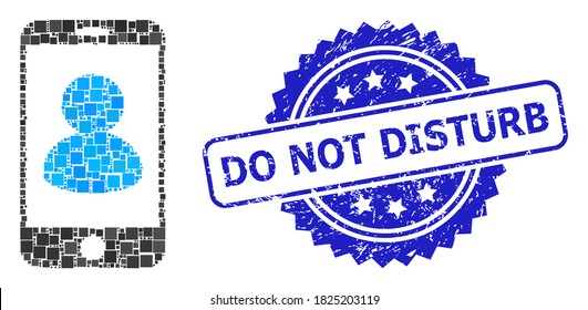 Vector collage smartphone portrait, and Do Not Disturb rubber rosette seal print. Blue stamp seal contains Do Not Disturb title inside rosette.