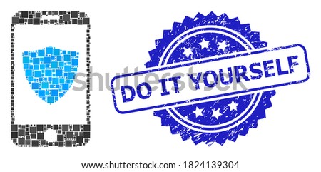 Vector collage smartphone shield, and Do It Yourself scratched rosette stamp seal. Blue seal has Do It Yourself title inside rosette.