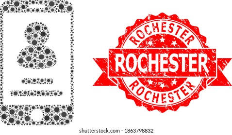 Vector collage smartphone user info of virus, and Rochester unclean ribbon seal. Virus items inside smartphone user info collage. Red stamp seal includes Rochester caption inside ribbon.