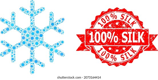 Copo de nieve de colección de vectores del virus covid-2019 y sello de cinta de goma de seda al 100%. Elementos de virus dentro del collage de copos de nieve. El sello rojo contiene un 100% de leyenda de seda dentro de la cinta.
