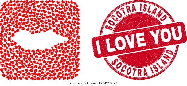 Collage vectorial en la isla de Socotra mapa de los ítems del corazón de amor y la insignia de amor de grunge. Mapa geográfico mosaico de la isla de Socotra construido como un lápiz de forma cuadrada redondeada con corazones de amor.