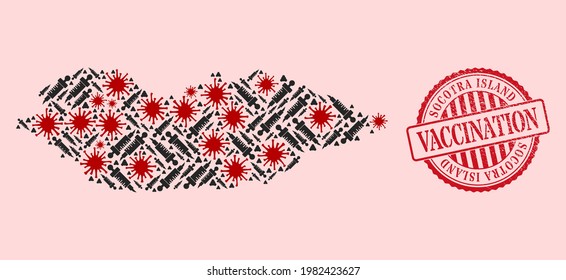 Vector collage Socotra Island map of covid-2019 virus, inoculation icons, and red grunge vaccine seal. Virus cells and inoculation items inside Socotra Island map.