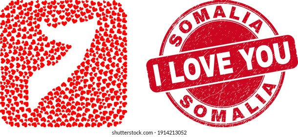 Vector collage Somalia map of love heart elements and grunge love stamp. Collage geographic Somalia map designed as subtraction from rounded square shape with love hearts.