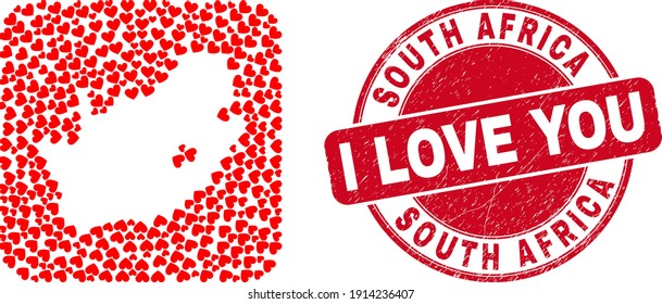 Vector collage South African Republic map of valentine heart elements and grunge love stamp.