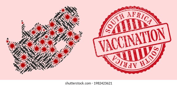 Vector collage South African Republic map of covid-2019 virus, vaccination icons, and red grunge vaccination stamp. Virus particles and syringe needles inside South African Republic map.