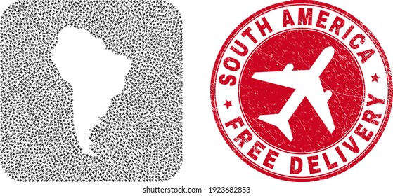 Vector collage South America map of aviation elements and grunge Free Delivery badge. Mosaic geographic South America map created as carved shape from rounded square with moving out aviation items.