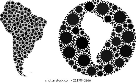 Vector collage South America map of sars virus elements. Mosaic geographic South America map designed as carved shape from circle with sars virus elements in black colors.