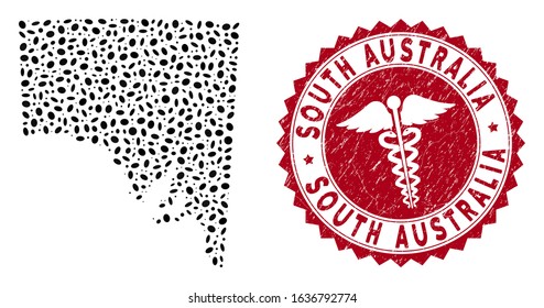 Vector collage South Australia map and red rounded rubber stamp seal with clinic sign. South Australia map collage created with oval items. Red rounded medic seal stamp, with grunge texture.