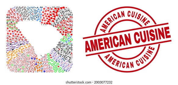 Vector collage South Carolina State map of different icons and American Cuisine seal stamp. Mosaic South Carolina State map created as carved shape from rounded square shape.