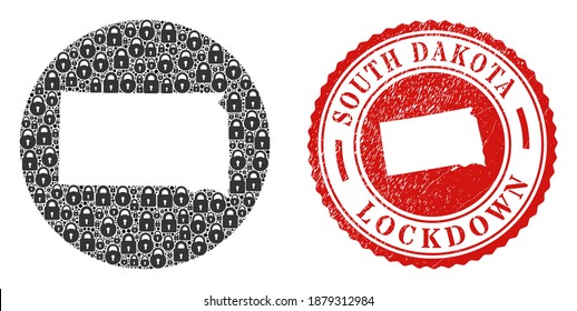 Vector sammelt South Dakota State Karte von Schlössern und grunge LOCKDOWN Stempel. Mosaik geographische Süddakota-Staatskarte konstruiert als Schablone aus Kreis mit schwarzen Schlössern.