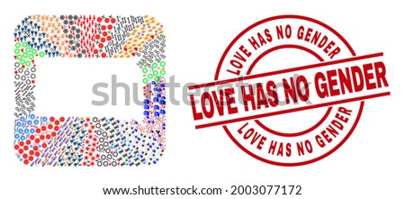 Vector collage South Dakota State map of different pictograms and Love Has No Gender seal stamp. Collage South Dakota State map constructed as hole from rounded square shape.
