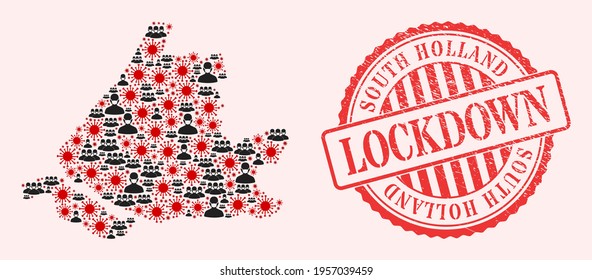Vektor sammelt Südholland Karte des covid-2019 Virus, maskierte Menschen und roter Schornstempel-Schließung. Viruszellen und Menschen in Masken in Südholland Karte.