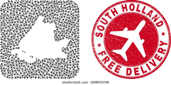Vector collage South Holland map of aircraft items and grunge Free Delivery seal stamp.