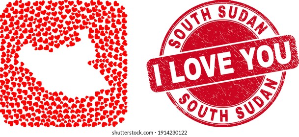 Mapa del collage vectorial de Sudán del Sur de los ítems valentinos del corazón y sello de la junta de amor de grunge. Mapa geográfico de collage de Sudán del Sur construido como un lápiz de forma cuadrada redondeada con corazones de amor.