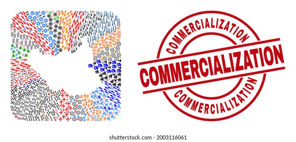 Mapa del collage de vectores de Sudán del Sur de diferentes pictogramas y sello de comercialización. Mapa de Sudán del Sur mosaico creado como forma tallada de forma cuadrada redondeada. Sello redondo rojo con palabra de comercialización.