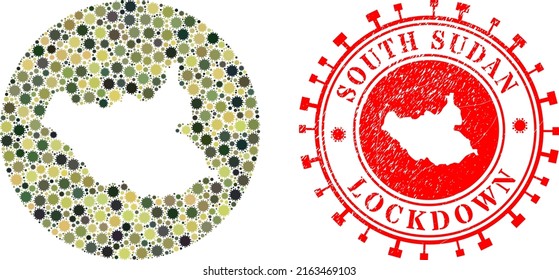 Vektor sammelt Südsudan-Karte der Grippevirus-Symbole und grunge LOCKDOWN-Stempel.