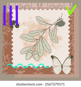 vector collage with southern live oak branch, butterfly and neon color elements, creative composition with sketch of nature