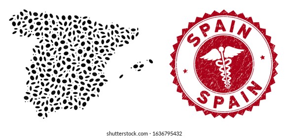 Vector collage Spain map and red rounded grunge stamp seal with clinic icon. Spain map collage composed with elliptic spots. Red rounded clinic seal, with distress texture.