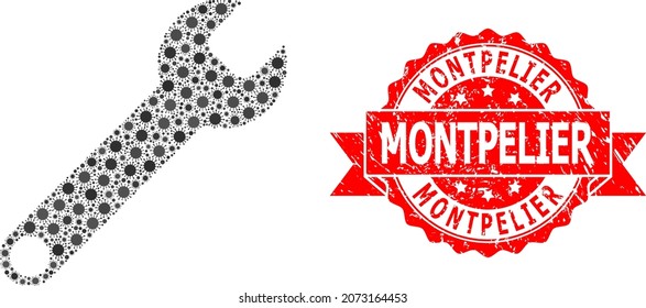 Vector collage spanner of flu virus, and Montpelier grunge ribbon seal print. Virus elements inside spanner collage. Red seal contains Montpelier caption inside ribbon.