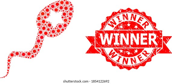 Vector collage sperm winner of flu virus, and Winner unclean ribbon stamp seal. Virus elements inside sperm winner collage. Red stamp seal includes Winner title inside ribbon.