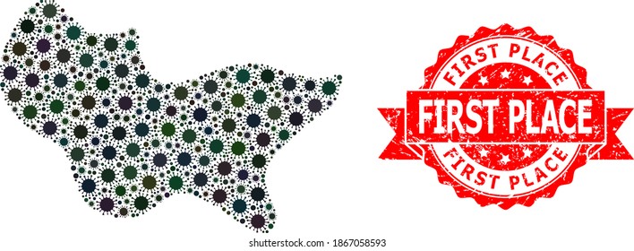 Vector collage spot of corona virus, and First Place scratched ribbon seal print. Virus cells inside spot collage. Red seal has First Place caption inside ribbon.