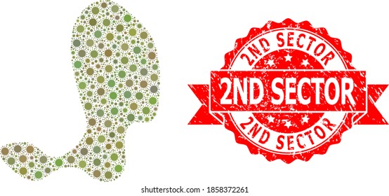 Vector collage spot of flu virus, and 2Nd Sector dirty ribbon stamp seal. Virus elements inside spot collage. Red stamp seal includes 2Nd Sector tag inside ribbon.