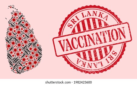 Vector collage Sri Lanka map of SARS virus, vaccination icons, and red grunge vaccine seal. Virus particles and vaccination particles inside Sri Lanka map.