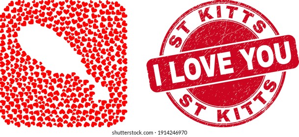Vector collage St Kitts Island map of love heart elements and grunge love seal stamp. Collage geographic St Kitts Island map designed as carved shape from rounded square shape with valentine hearts.