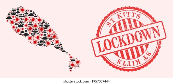 Vector collage St Kitts Island map of SARS virus, masked men and red grunge lockdown seal. Virus particles and men in masks inside St Kitts Island map.